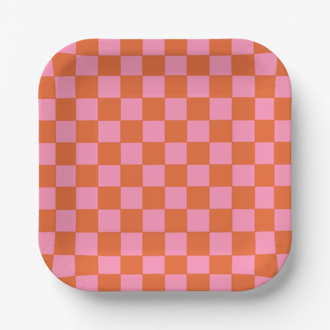 Checkered Orange and Pink  Paper Plates (Front)