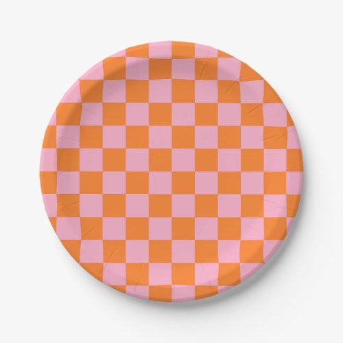 Checkered Orange and Pink Paper Plates