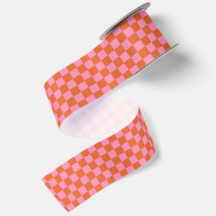 Checkered Orange and Pink Satin Ribbon