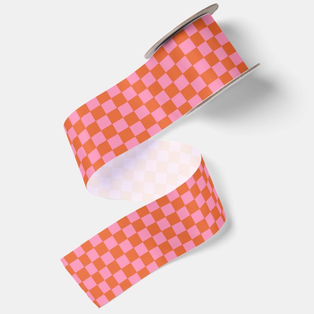 Checkered Orange and Pink  Satin Ribbon (Front+Back)