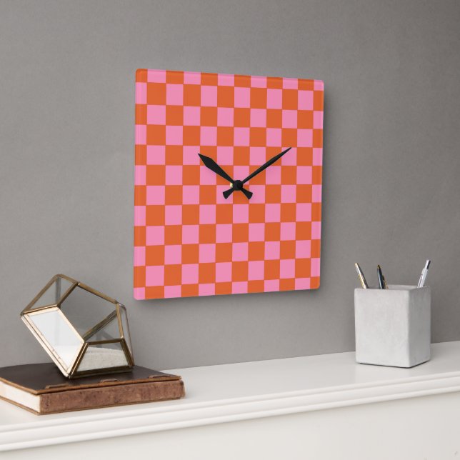 Checkered Orange and Pink  Square Wall Clock (Office)