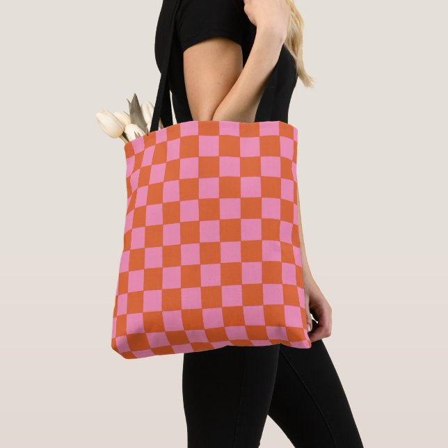 Checkered Orange and Pink  Tote Bag (Close Up)