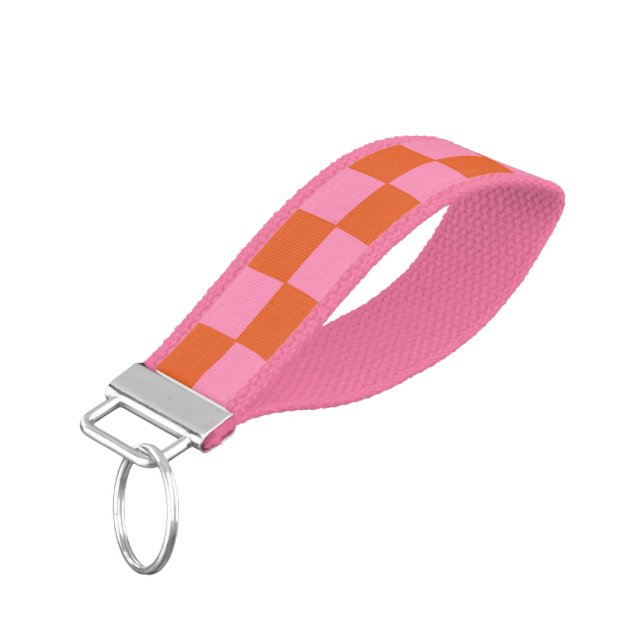 Checkered Orange and Pink  Wrist Keychain (Angled Down)