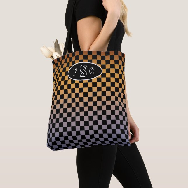 Checkered Orange and Purple Sunset Monogram Tote Bag (Close Up)