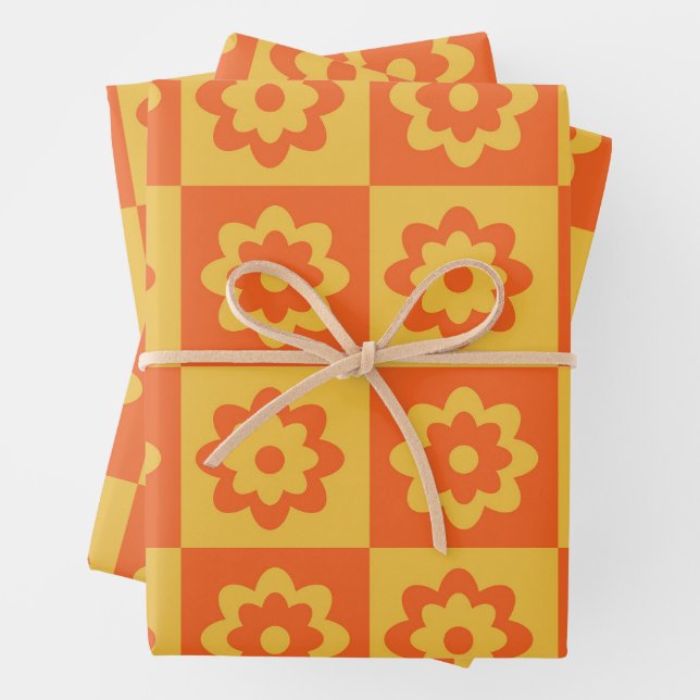 Checkered Orange and Yellow Retro Flowers pattern  Wrapping Paper Sheets (In situ)