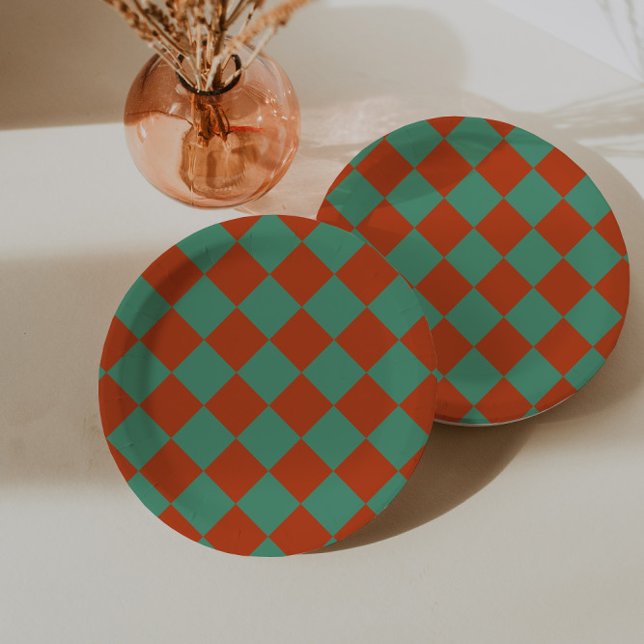 Checkered Orange & Green Retro Chic Birthday Party Paper Plates (Creator Uploaded)