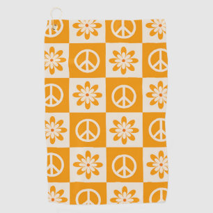 Checkered Orange Groovy Flowers and Peace Signs Golf Towel