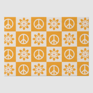 Checkered Orange Groovy Flowers and Peace Signs  Tissue Paper