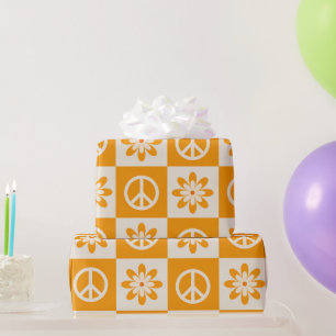 Checkered Orange Groovy Flowers and Peace Signs Wrapping Paper