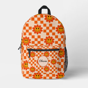 Checkered Orange Smiling Flowers Custom Name Printed Backpack