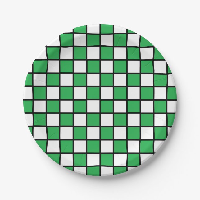 Checkered Outlined Green and Black Paper Plates (Front)