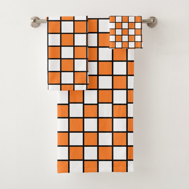 Checkered Outlined Orange and Black Bath Towel Set (Insitu)