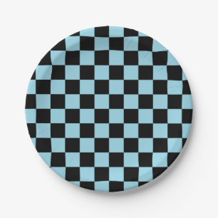 Checkered Pastel Blue and Black Paper Plates
