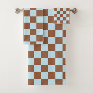 Checkered Pastel Blue and Brown Bath Towel Set