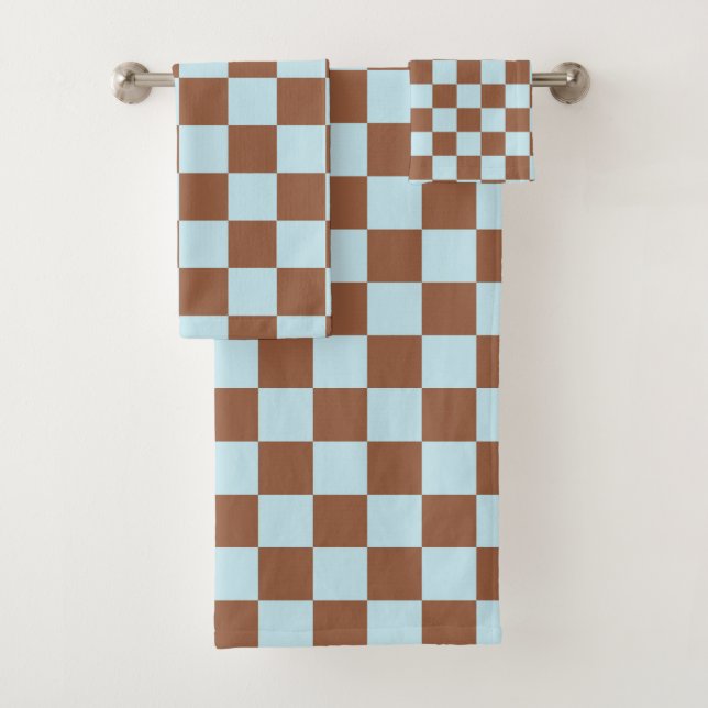 Checkered Pastel Blue and Brown Bath Towel Set (Insitu)