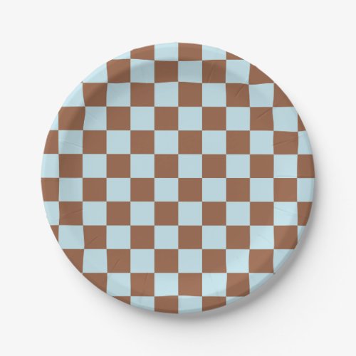 Checkered Pastel Blue and Brown Paper Plates