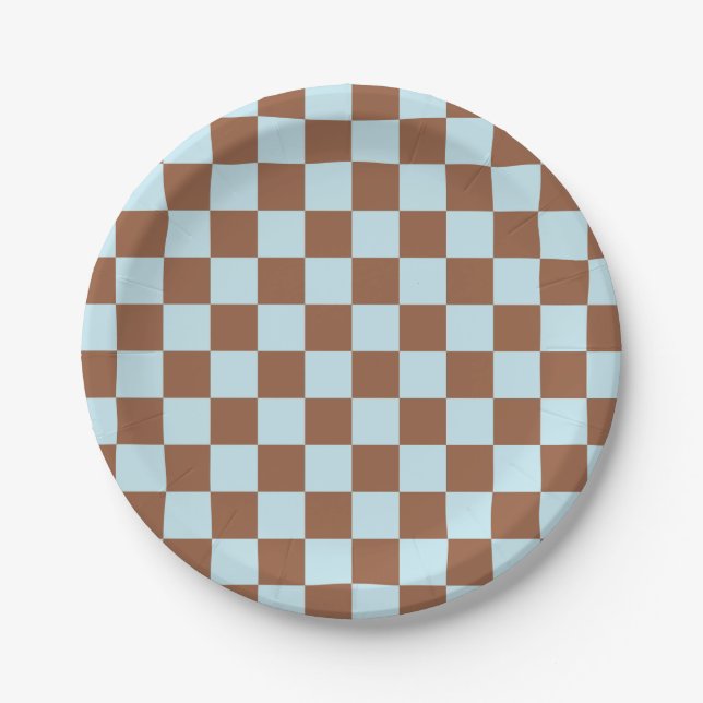 Checkered Pastel Blue and Brown Paper Plates (Front)