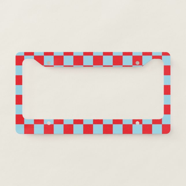 Checkered Pastel Blue and Red  License Plate Frame (Front)