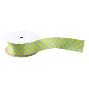 Checkered Pastel Blue and Yellow Satin Ribbon