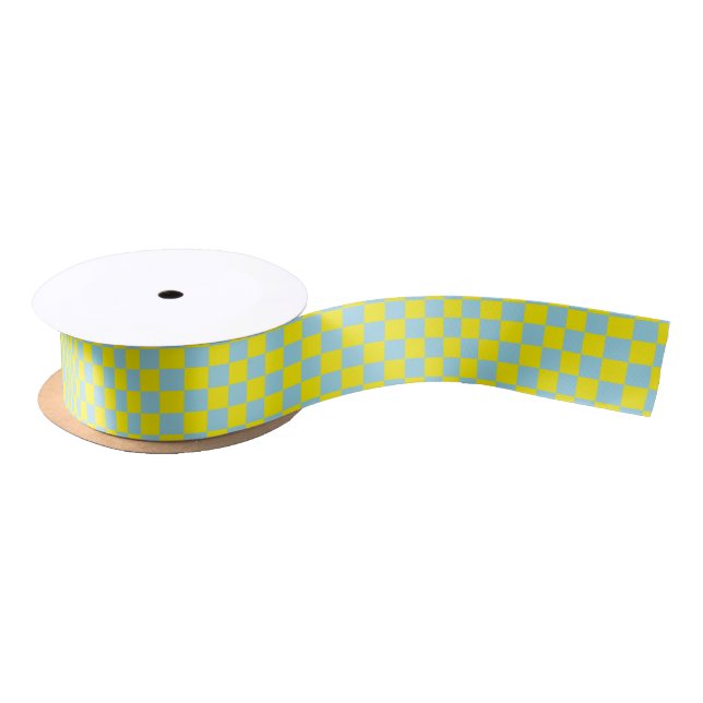 Checkered Pastel Blue and Yellow Satin Ribbon (Spool)