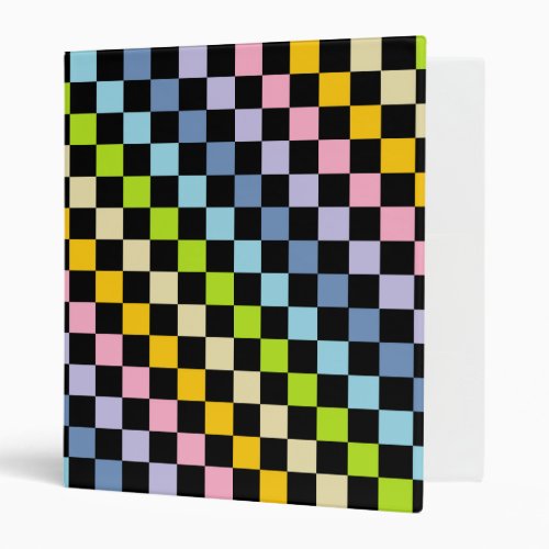 Checkered Pastel Rainbow Black 3 Ring Binder