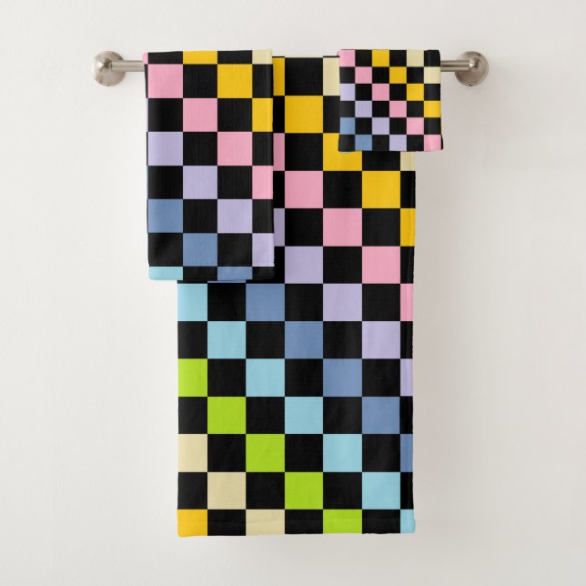 Checkered Pastel Rainbow Black Bath Towel Set (Insitu)