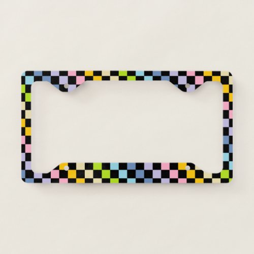 Checkered Pastel Rainbow Black License Plate Frame