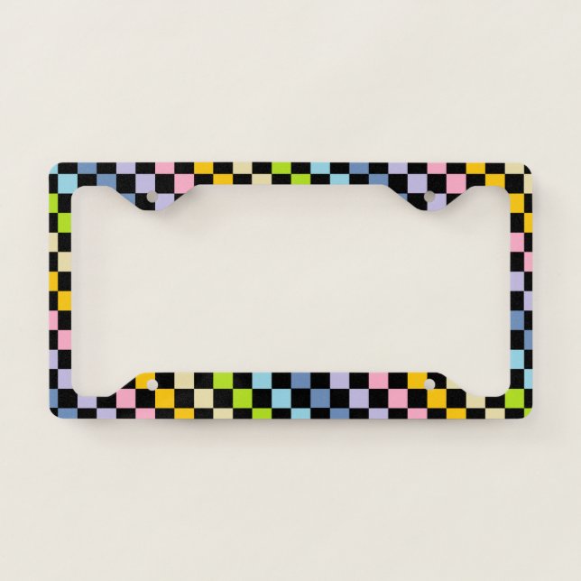 Checkered Pastel Rainbow Black License Plate Frame (Front)