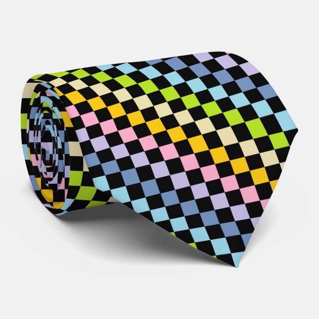 Checkered Pastel Rainbow Black Neck Tie (Rolled)