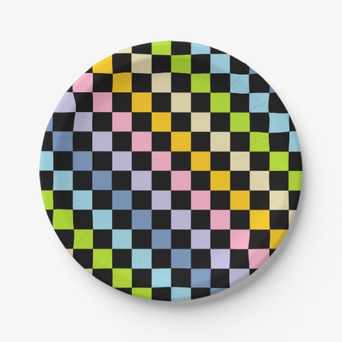 Checkered Pastel Rainbow Black Paper Plates