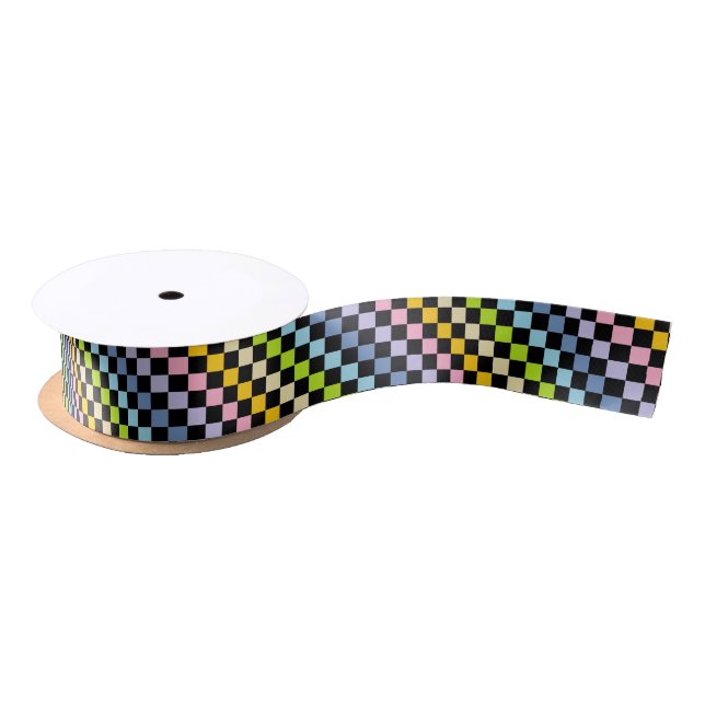 Checkered Pastel Rainbow Black Satin Ribbon (Spool)