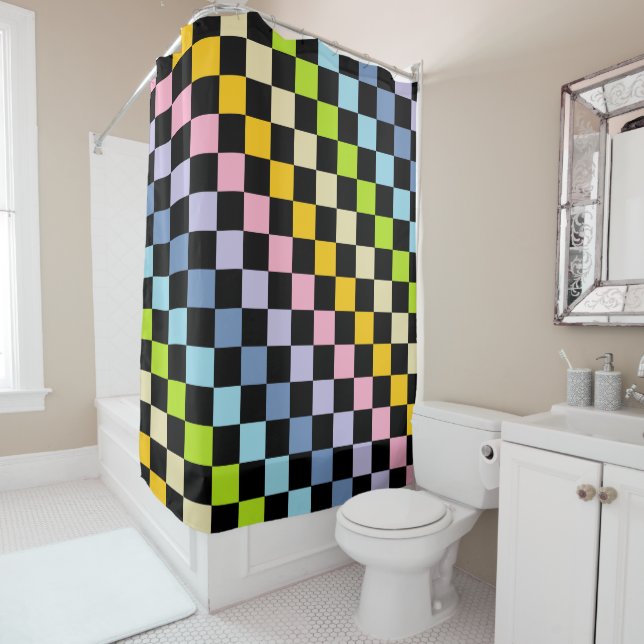 Checkered Pastel Rainbow Black Shower Curtain (In Situ)