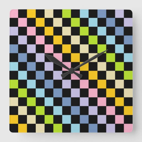 Checkered Pastel Rainbow Black Square Wall Clock