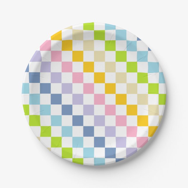 Checkered Pastel Rainbow Paper Plates (Front)