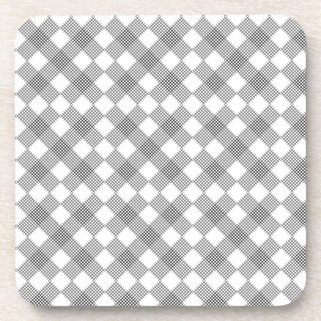 Checkered patches pattern black and white   beverage coaster (Front)