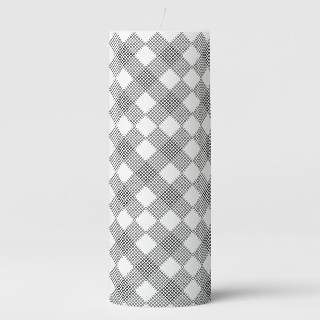 Checkered patches pattern black and white pillar candle (Front)