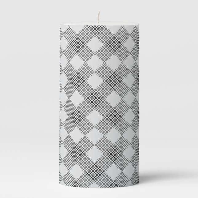 Checkered patches pattern black and white pillar candle (Front)