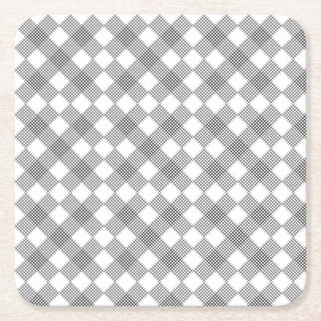 Checkered patches pattern black and white  square paper coaster (Front)
