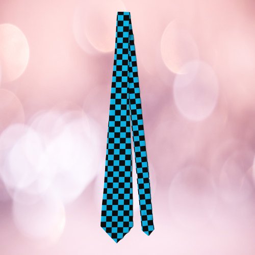 Checkered Pattern Blue and Black Neck Tie