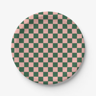 Checkered Pattern Blush Pink and Hunter Green Paper Plates
