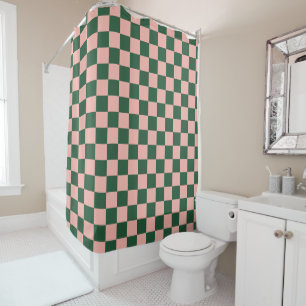 Checkered Pattern Blush Pink and Hunter Green Shower Curtain