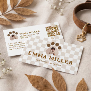 Checkered Pattern Dog Walker Pet Sitter Photo QR Business Card