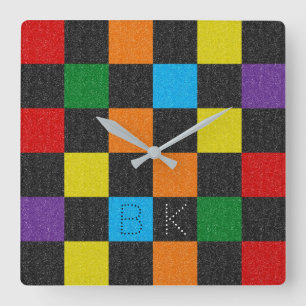 Checkered Pattern Fashion Rainbow LGBTQ Monogram Square Wall Clock