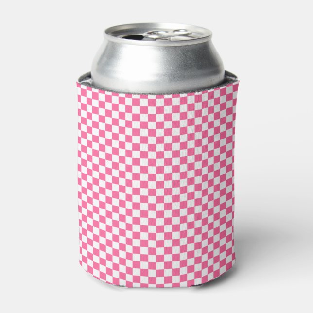 Checkered Pattern Girly Geometric Pink And White Can Cooler (Can Front)