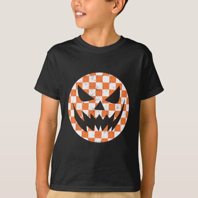Checkered Pattern Halloween Face Trendy Kids  T-Shirt (Front)