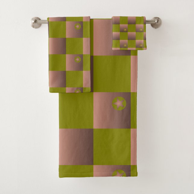 Checkered pattern in brown and olive green bath towel set (Insitu)