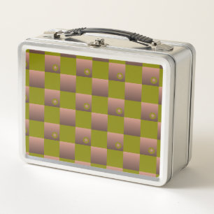 Checkered pattern in brown and olive green metal lunch box