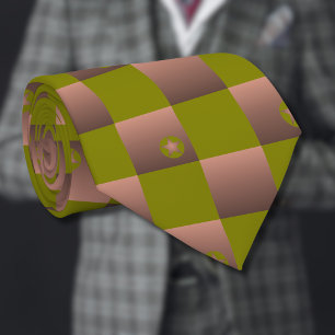 Checkered pattern in brown and olive green neck tie