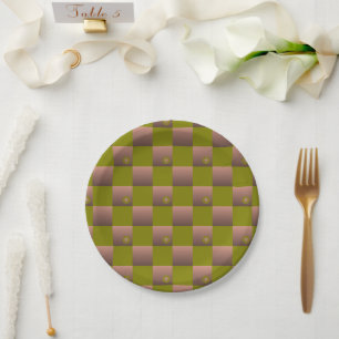 Checkered pattern in brown and olive green paper plates