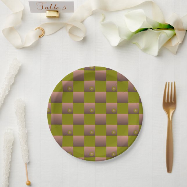 Checkered pattern in brown and olive green paper plates (Wedding)